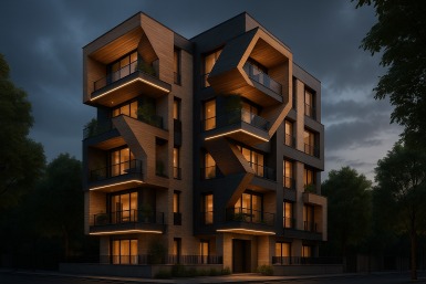 طراحی 3D نمای ساختمان مسکونی با سبک مدرن و نورپردازی تخصصی شبانه